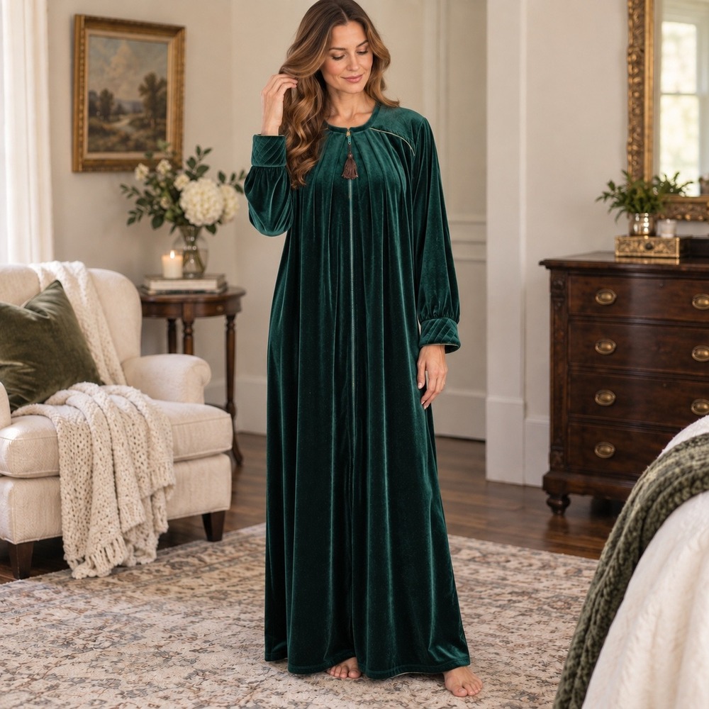 Vintage Jasmine Rose Women's L Emerald Green Velvet Zip Front Long Robe NWT